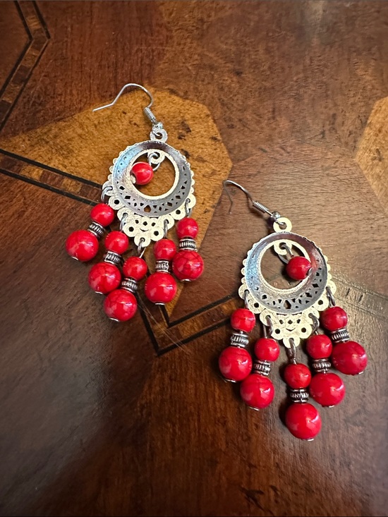 Fashion Jewelry Jewelry - Red Beaded Filigree Drop Earrings - Women Jewelry
